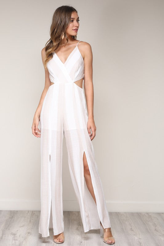 Elegant Beige Striped White Cut Out Jumpsuit