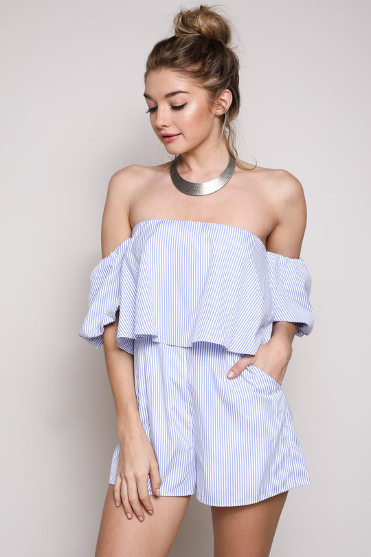 Fashion Off Shoulder Marine Striped Romper