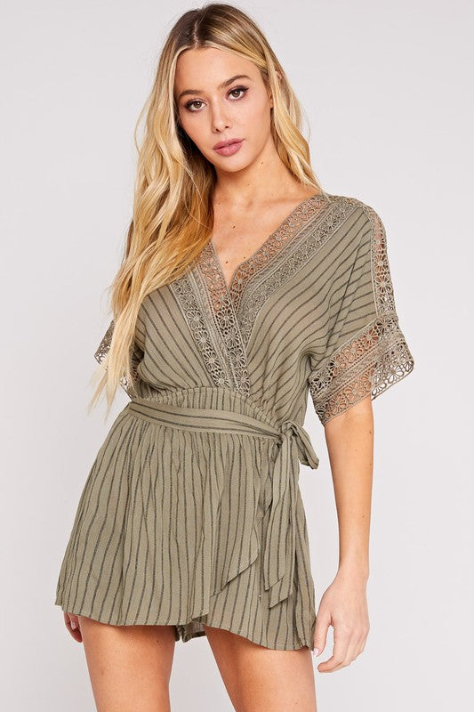 Fashion Olive Wrap Tie-Up Lace Stripe Detailed Romper