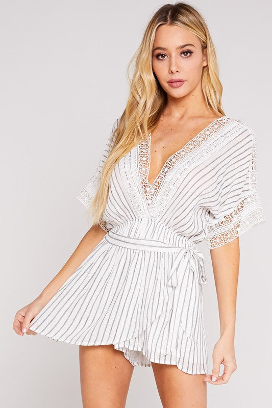 Fashion Off White Wrap Tie-Up Lace Stripe Detailed Romper
