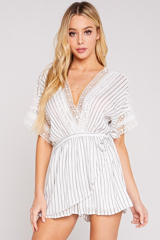 Fashion Off White Wrap Tie-Up Lace Stripe Detailed Romper