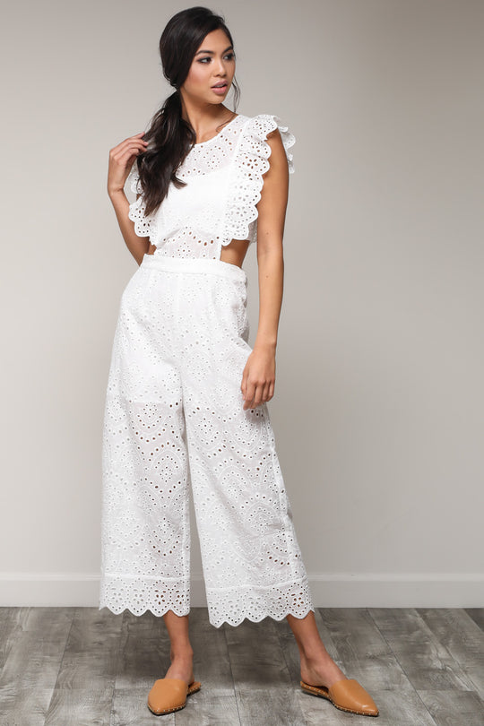 Elegant White Lace Jumpsuit Cut Out with Band Sleeve Detailed