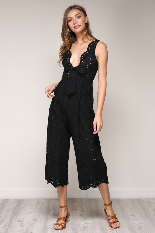 Elegant Black Lace Jumpsuit with Tie-Up Detailed