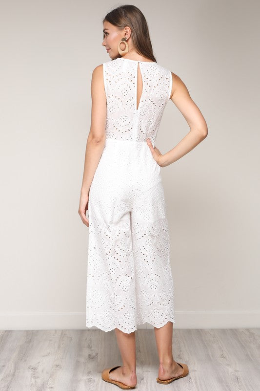 Elegant White Lace Jumpsuit with Tie-Up Detailed