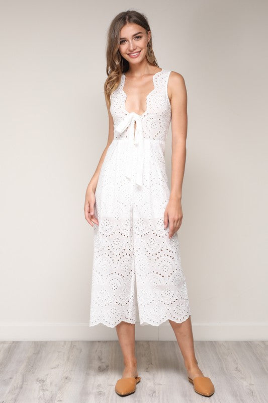 Elegant White Lace Jumpsuit with Tie-Up Detailed