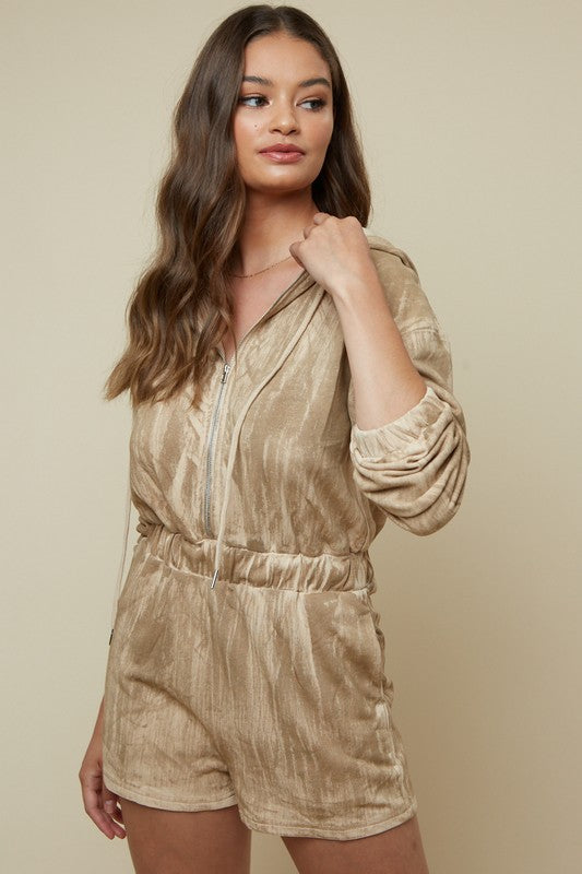 Fashion Tan Washed Zipper Romper with Long Sleeve