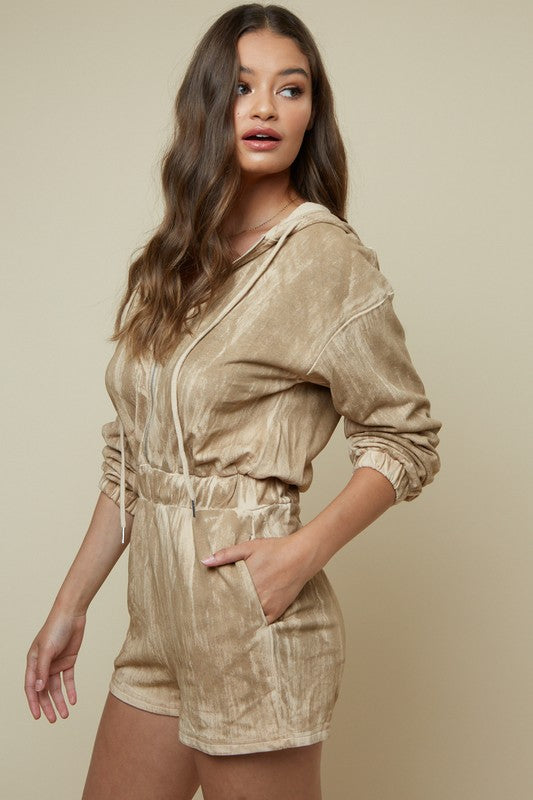 Fashion Tan Washed Zipper Romper with Long Sleeve