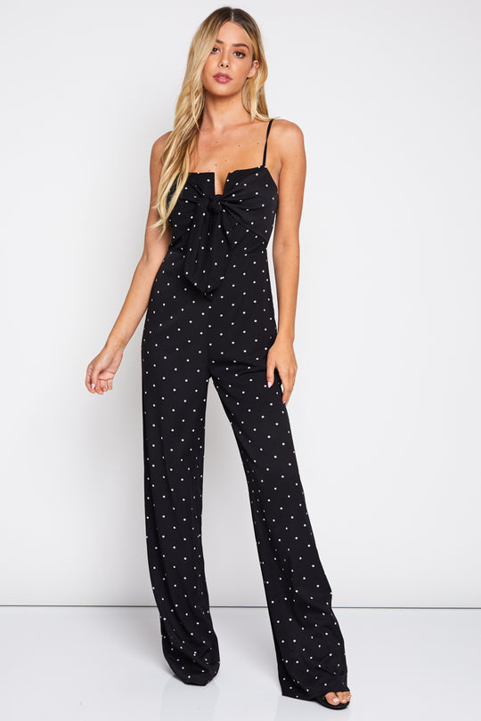 Fashion Strap Polka Dot Tie-Up Black Jumpsuit