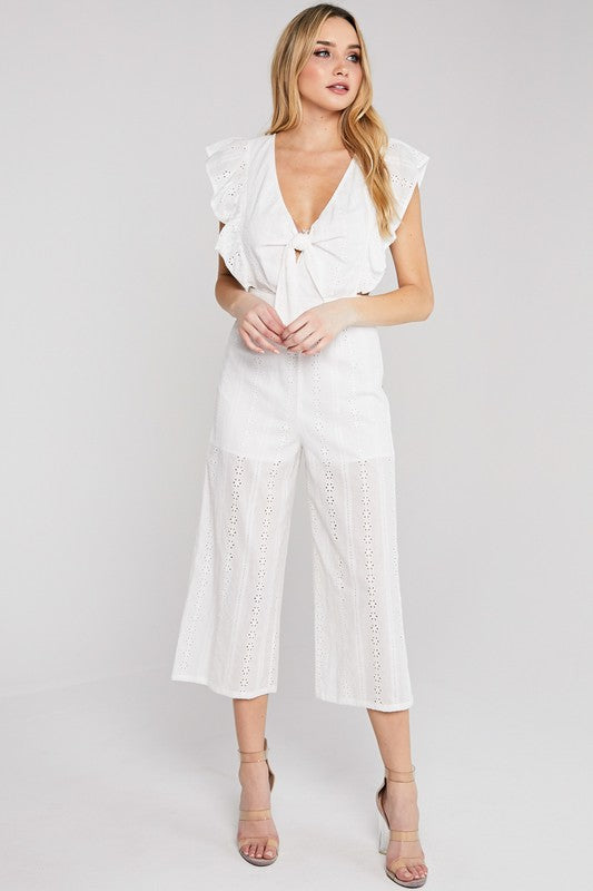 Elegant White Lace Jumpsuit Cut Out Ruffle Tie-Up with Band Sleeve Detailed