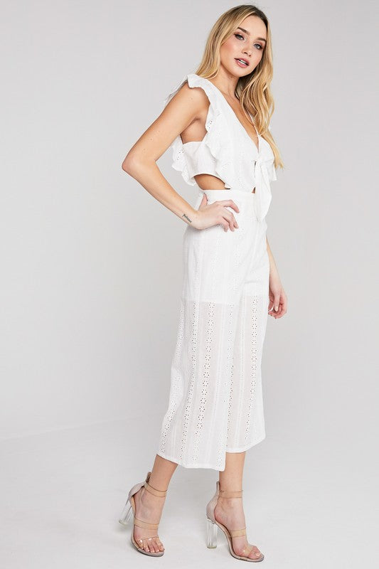 Elegant White Lace Jumpsuit Cut Out Ruffle Tie-Up with Band Sleeve Detailed