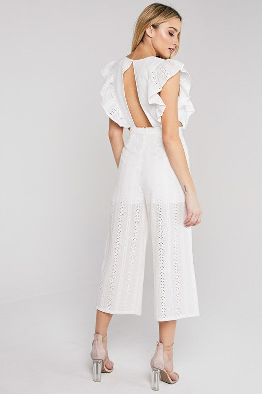 Elegant White Lace Jumpsuit Cut Out Ruffle Tie-Up with Band Sleeve Detailed