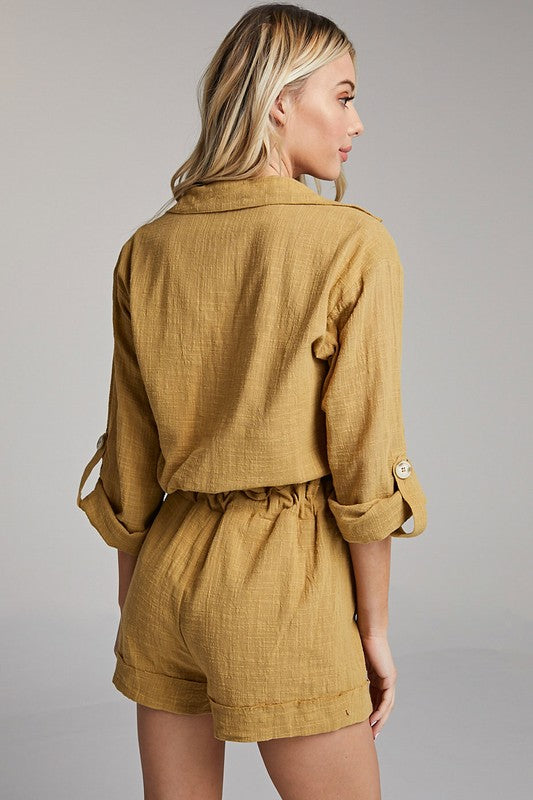 Fashion Summer Moss Green Button Down Tie-Up Romper with Long Sleeve
