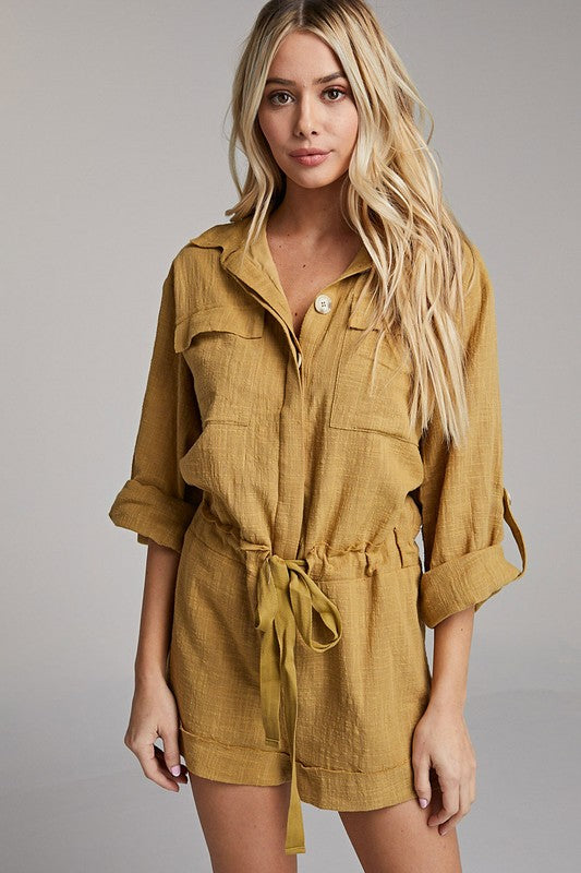 Fashion Summer Moss Green Button Down Tie-Up Romper with Long Sleeve