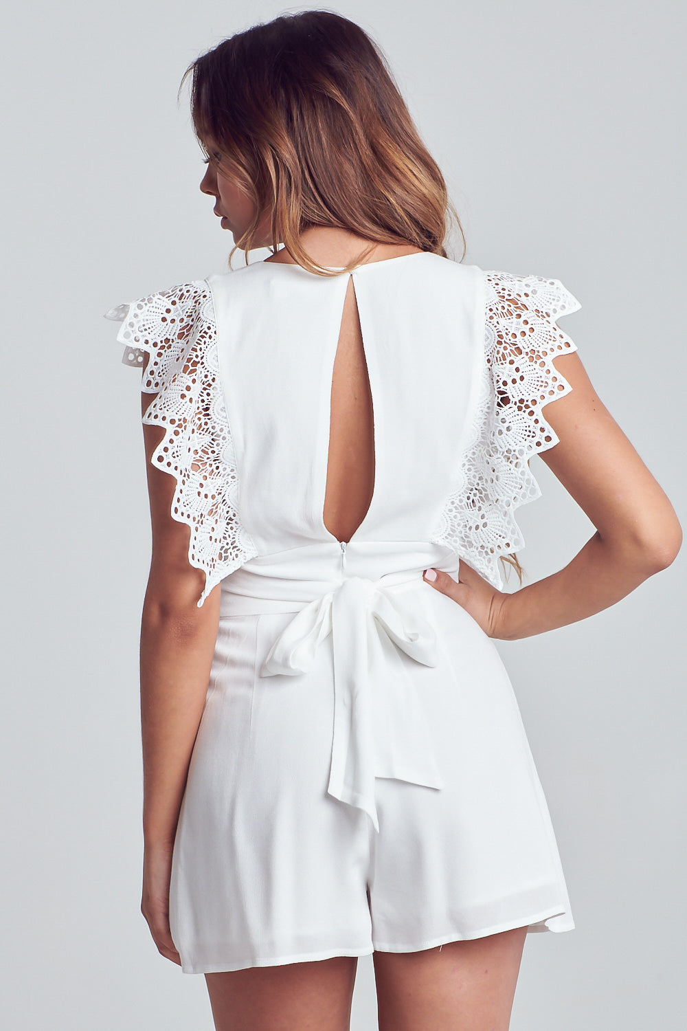 Elegant Off White Lace Deep V-Neck Romper with Band Sleeve Detailed