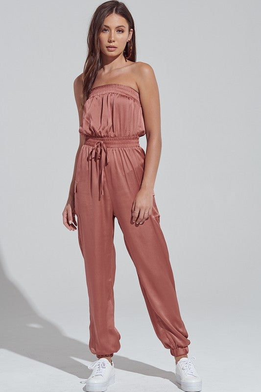 Elegant Strapless Terracotta Satin Tie-Up Cargo Jumpsuit