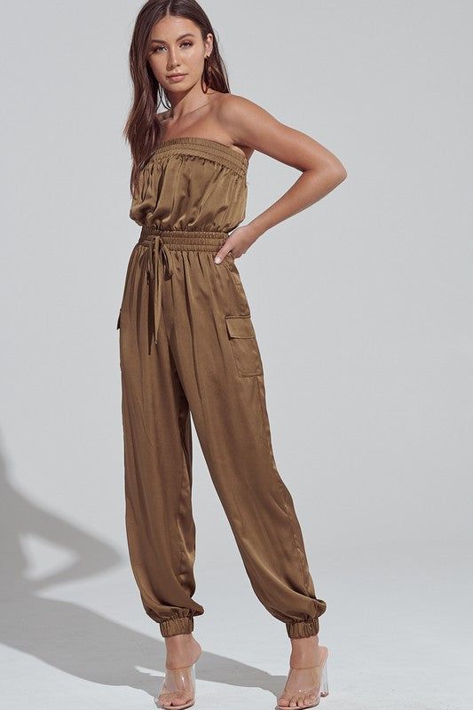 Elegant Strapless Olive Satin Tie-Up Cargo Jumpsuit