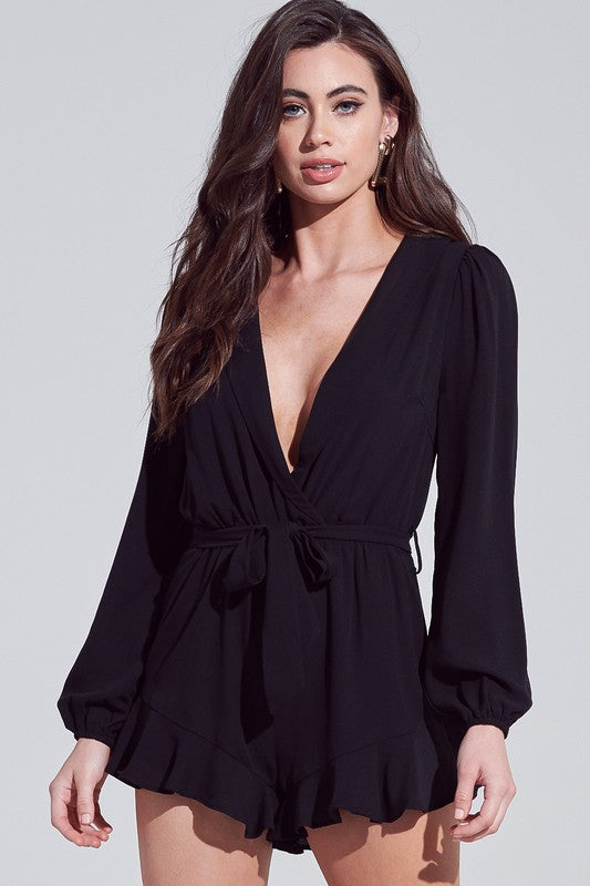 Fashion Black Deep V-Neck Tie-Up Ruffle Romper with Long Sleeve