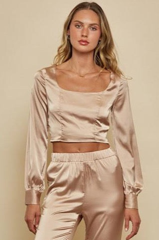 Elegant Bronze Satin Top with Long Sleeve