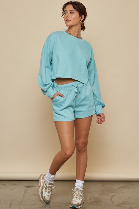 Fashion Vintage Blue High Waisted Tie-Up Sweater Shorts