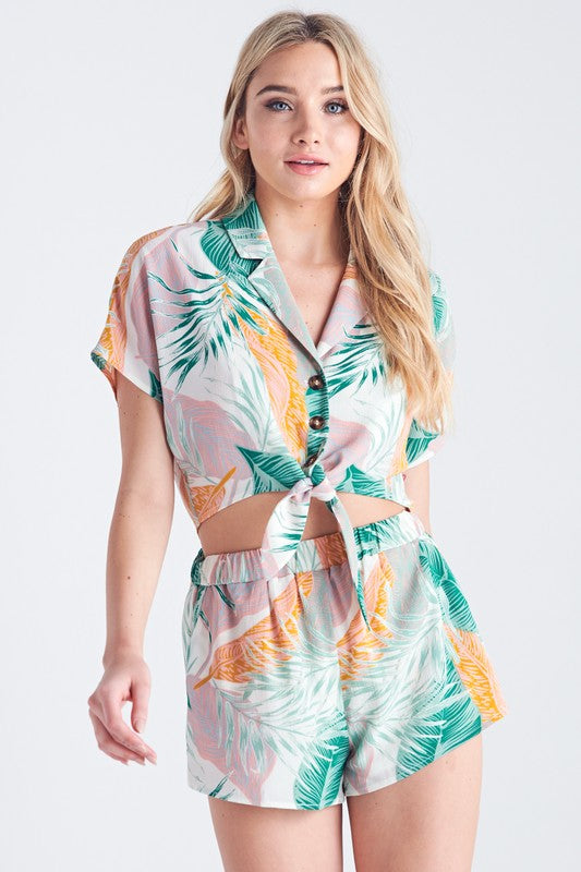 Fashion Off White Multi-Color Tropical Print High Waisted Shorts
