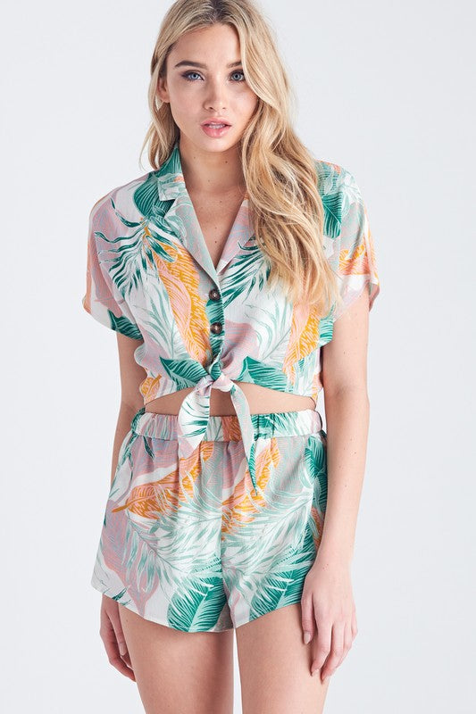 Fashion Off White Multi-Color Tropical Print Shirt Tie-Up Button Down