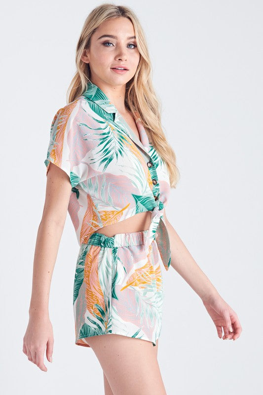 Fashion Off White Multi-Color Tropical Print Shirt Tie-Up Button Down