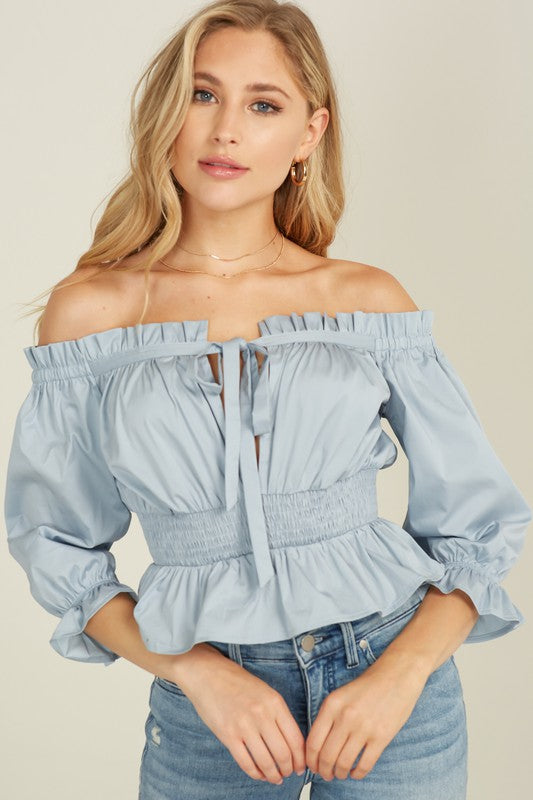 Elegant Off Shoulder Dusty Blue Front Tie-Up Top