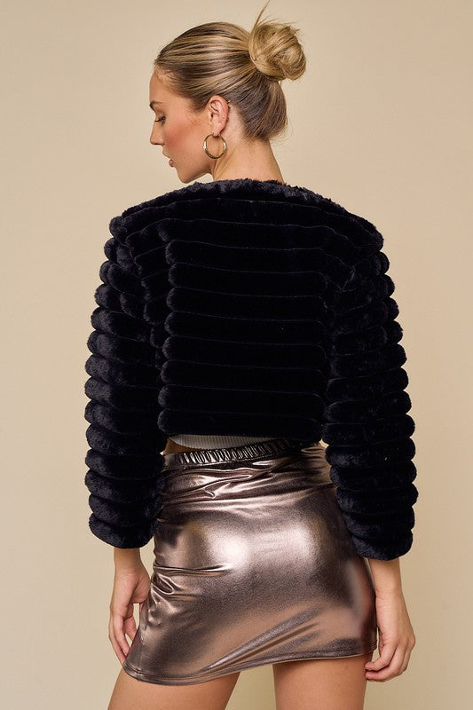 Elegant Black Faux Furry Crop Jacket