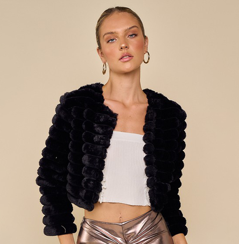 Elegant Black Faux Furry Crop Jacket