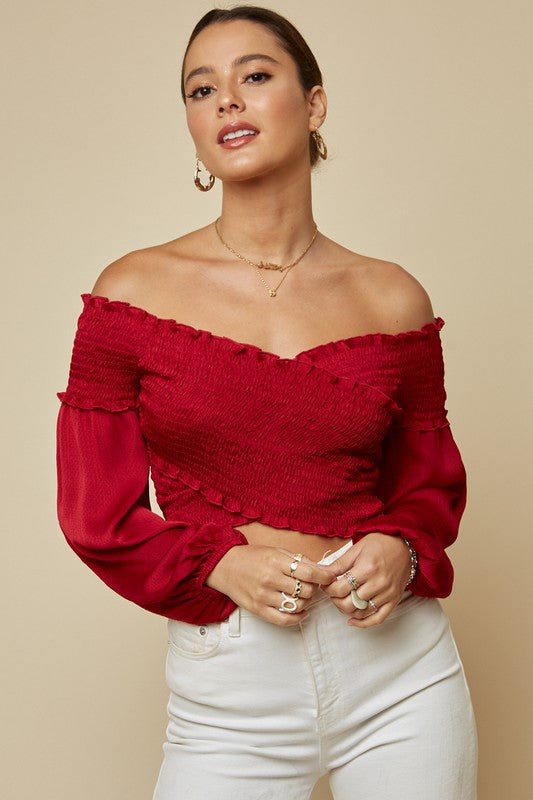 Elegant Off Shoulder Red Satin Overlap Elastic Crop Top with Long Sleeve L / Red Elegant Off Shoulder Red Satin Overlap Elastic Crop Top with Long Sleeve L / Red
