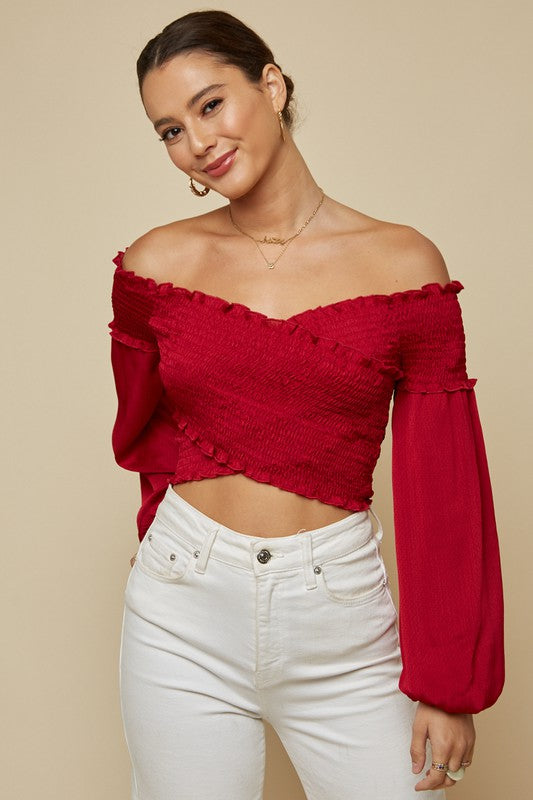 Red Color Rusher Shoulder Red Off The Shoulder Crop Top