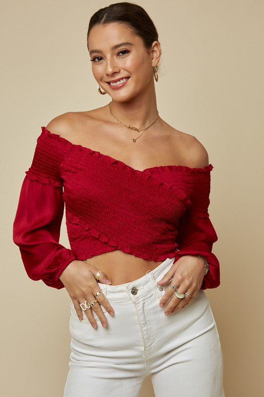 Elegant Off Shoulder Red Satin Overlap Elastic Crop Top with Long Sleeve