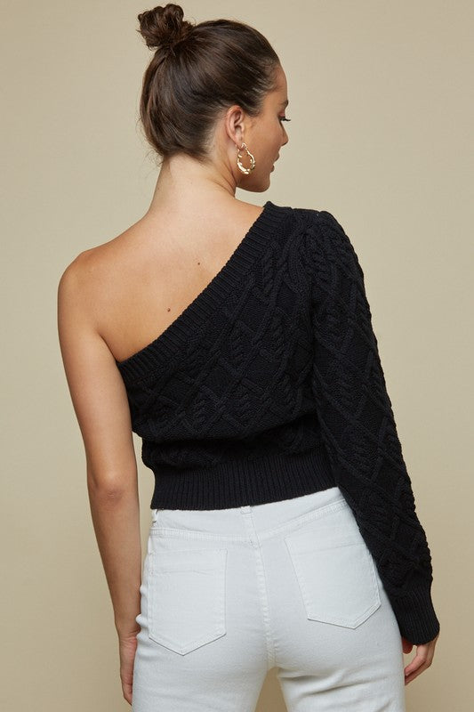 Elegant Black One Shoulder Detailed Sweater