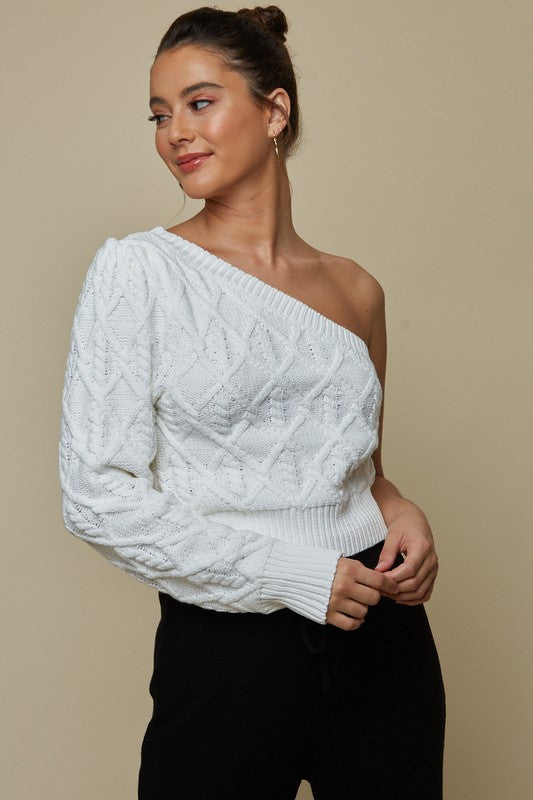 Elegant Off White One Shoulder Detailed Sweater