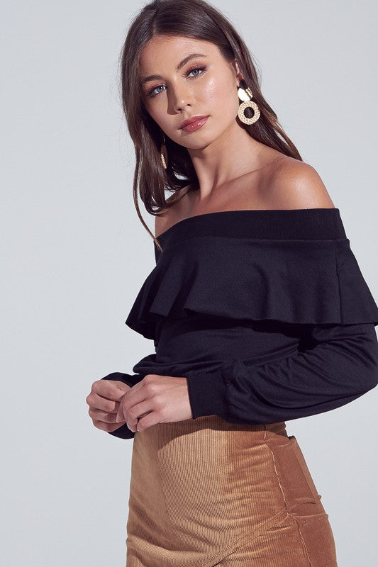 Fashion Casual Off Shoulder Black Ruffle with Bell Sleeve