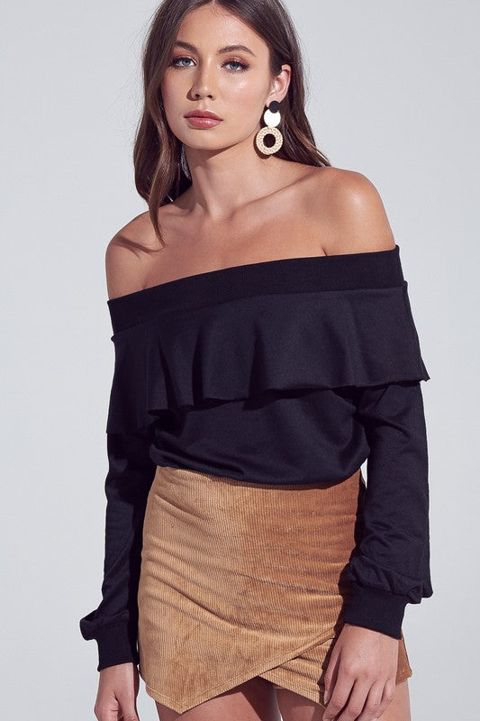 Fashion Casual Off Shoulder Black Ruffle with Bell Sleeve