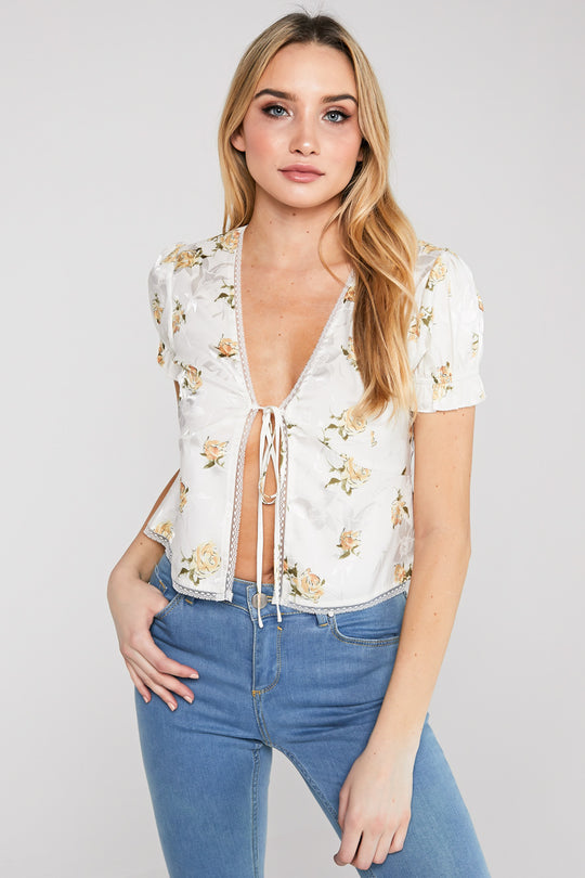 Fashion Ivory Multi-Color Floral Print Lace Trim Satin Tie-Up Top