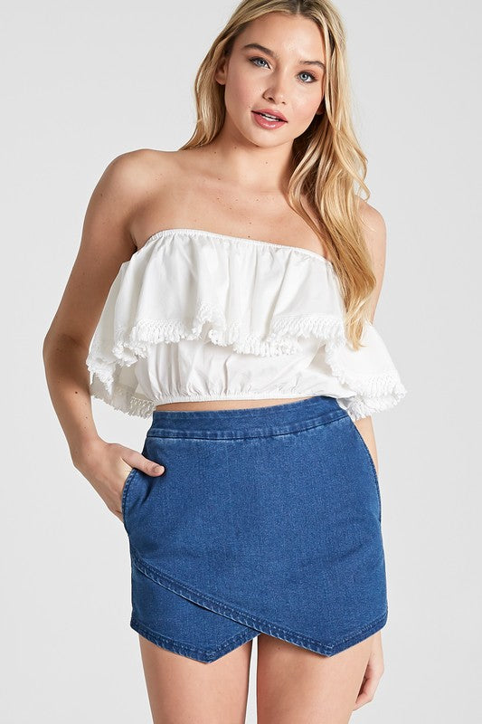 Fashion Summer Strapless Tassel Ruffle White Crop Top