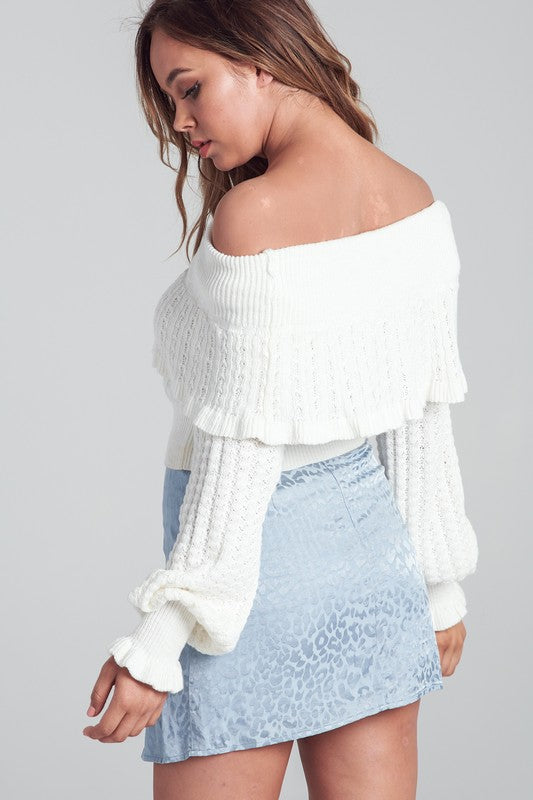 Fashion Off Shoulder Ruffle Bell Sleeve Ivory Sweater