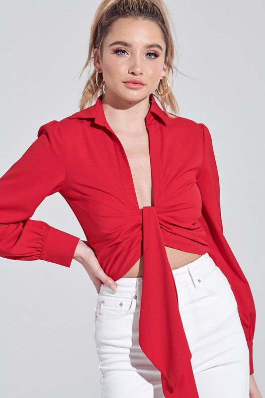 Fashion Red Deep Tie-Up Blouse