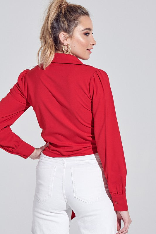 Fashion Red Deep Tie-Up Blouse
