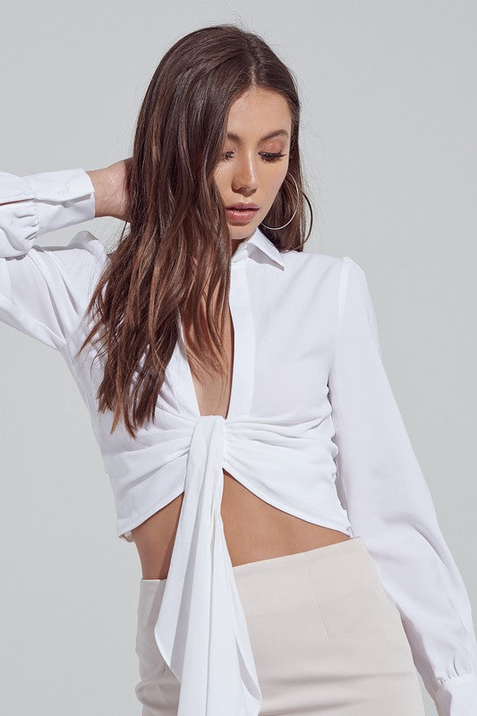 Fashion Off White Deep Tie-Up Blouse