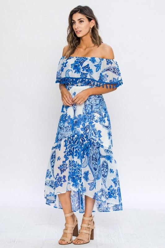 Fashion Off Shoulder Blue Floral Print Tassel Detailed Maxi Dress