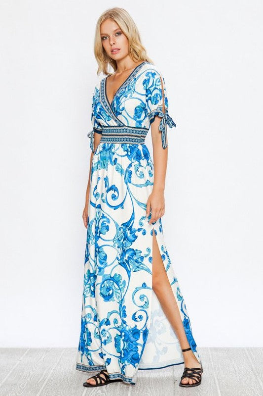 Fashion Blue Baroque Print V-Neck Maxi Dress