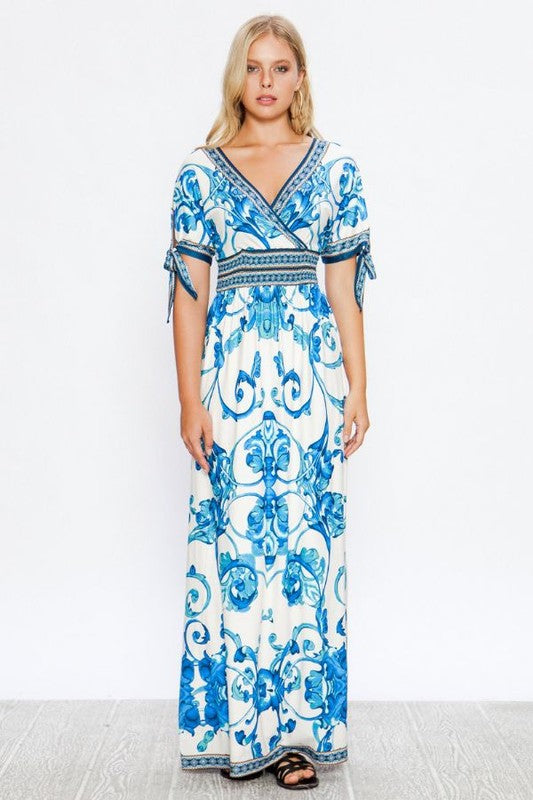 baroque print maxi dress Golden Baroque Print Short Sleeve V-Neck Maxi Dress Flaxmakerswim