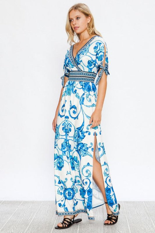 Fashion Blue Baroque Print V-Neck Maxi Dress