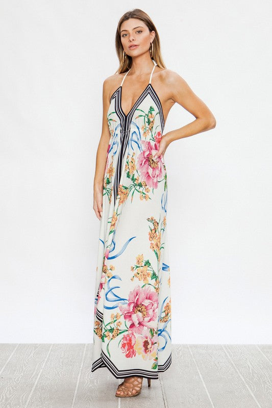 Fashion Strap Ivory Multi-Color Floral Print Summer Dress