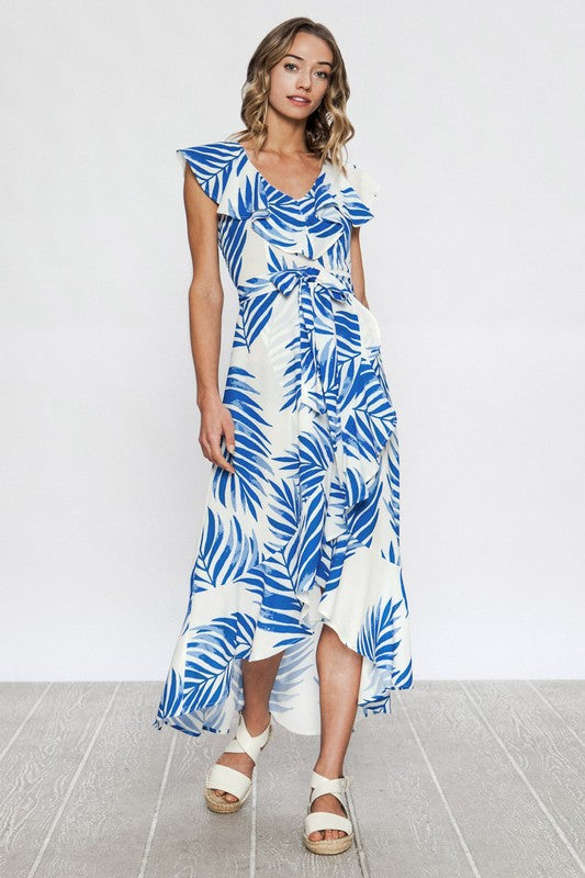 Fashion Blue Leaf Print Ruffle V-Neck Maxi Dress