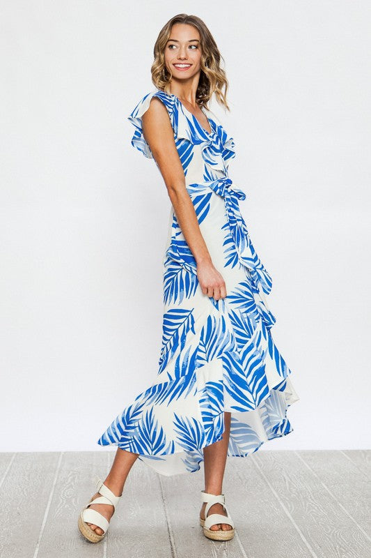 Fashion Blue Leaf Print Ruffle V-Neck Maxi Dress