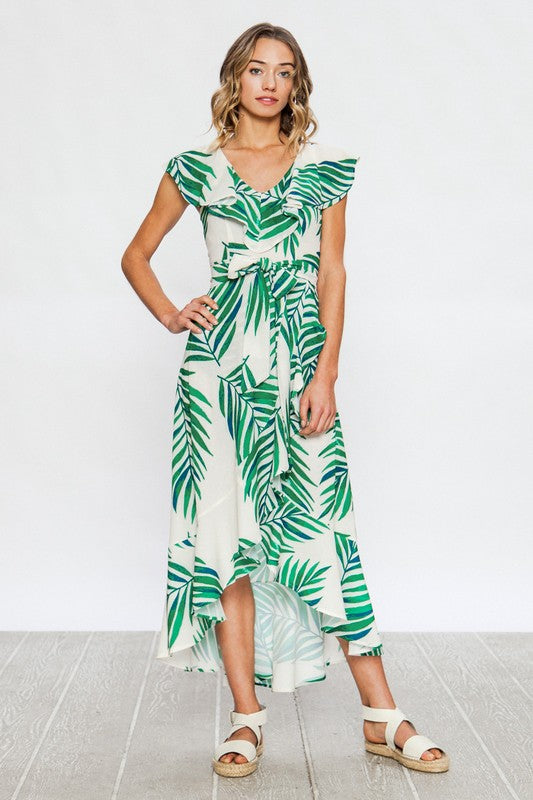 Fashion Green Leaf Print Ruffle V-Neck Maxi Dress